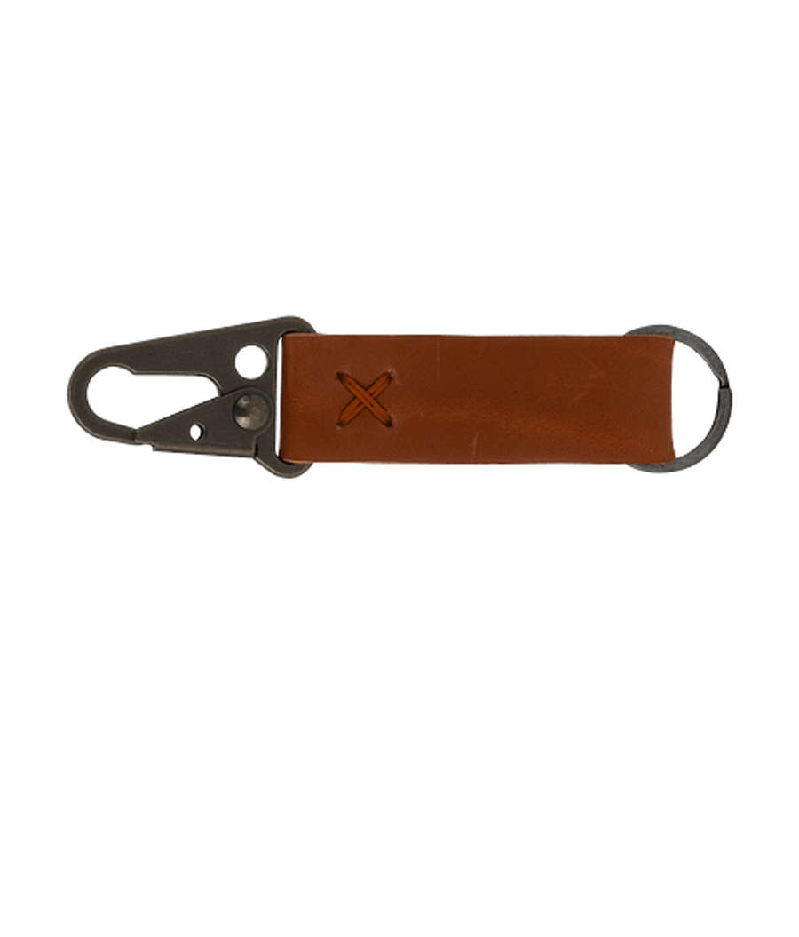 Debossed Busker Leather Keychain with Antique Nickel Carabiner in Tan / Light Rust