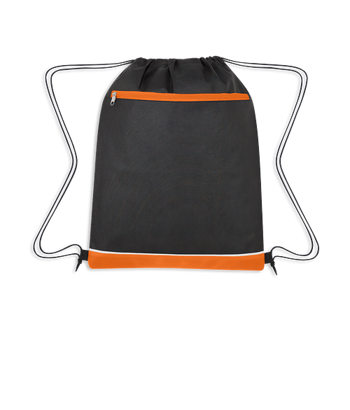 Full Color Bandura Non-Woven Zippered Drawstring Bag in Black with Orange