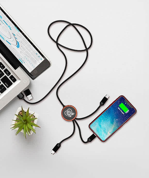 Laser Engraved 5-in-1 Bamboo Accent Charging Cable with Light-Up Logo