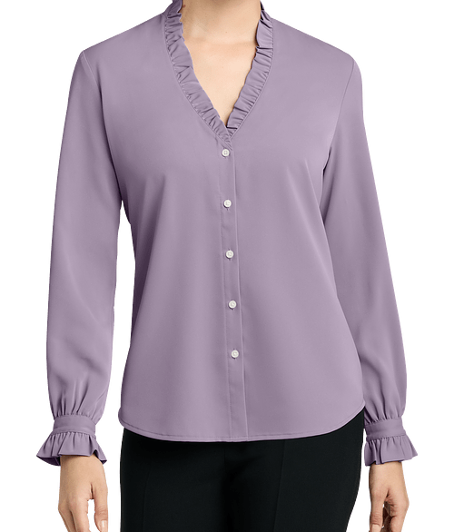 Brooks Brothers Women’s Long Sleeve Ruffle Collar Satin Blouse in Purple Ash