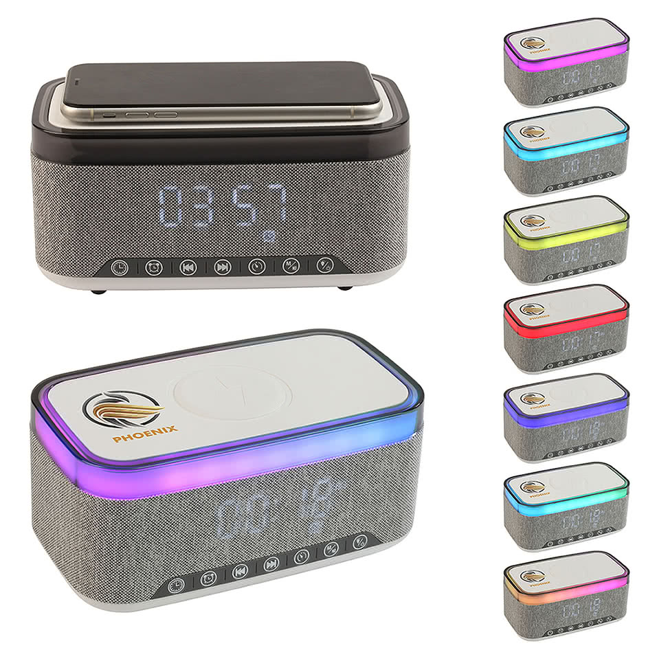 Sunset Wireless Speaker with White Noise, Clock, Radio, and 15W Wireless Charger