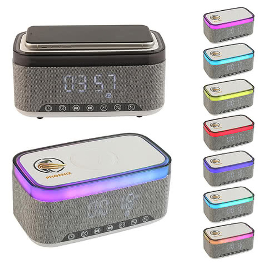 Sunset Wireless Speaker with White Noise, Clock, Radio, and 15W Wireless Charger in Gray