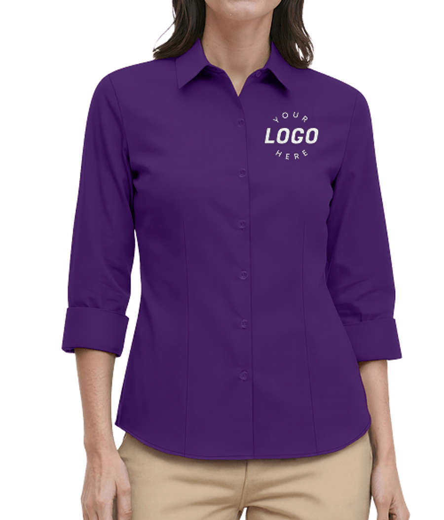 Blue Generation Women’s Fine Line Twill 3/4 Sleeve Shirt - Embroidered in Purple