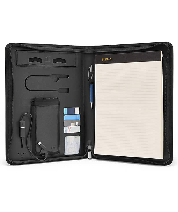 Debossed Leeman Roma Tech Padfolio with Power Bank & Wireless Charger