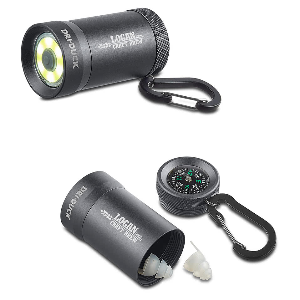 Laser Engraved Dri Duck Storage COB Flashlight with Earplugs and Compass