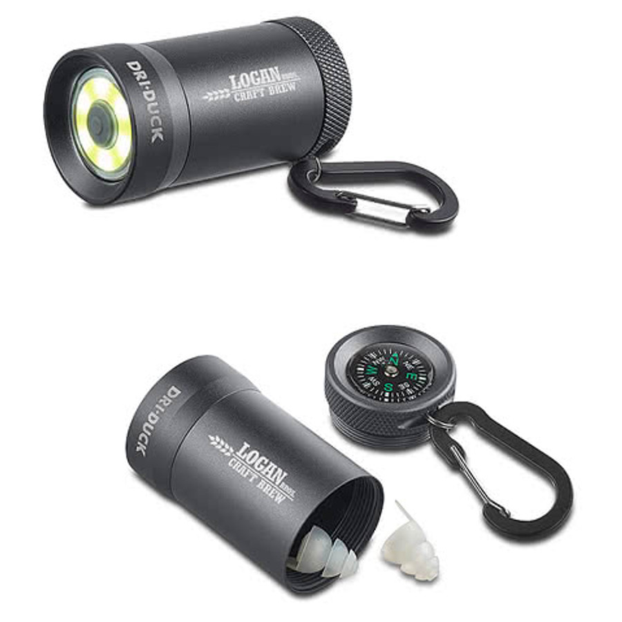 Laser Engraved Dri Duck Storage COB Flashlight with Earplugs and Compass in GUNMETAL