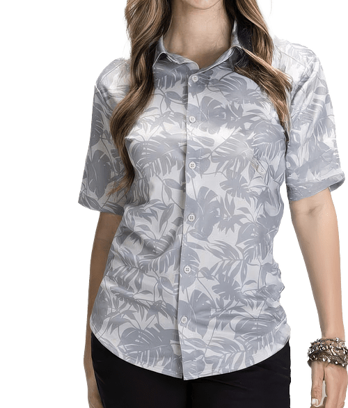 Edwards UPF 40 Palm Leaf Print Short Sleeve Camp Shirt in Silver Palm