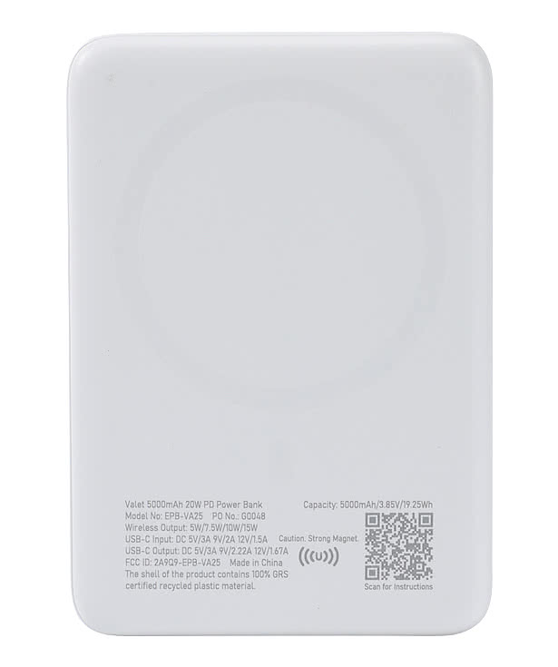 Valet 5,000 mAh Recycled Power Bank with 15W Magnetic Wireless Charger