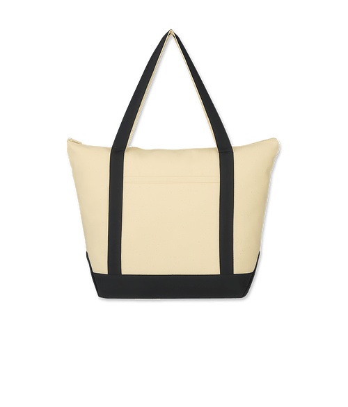 Folksy Cotton Canvas Zippered Tote Bag in Natural with Black