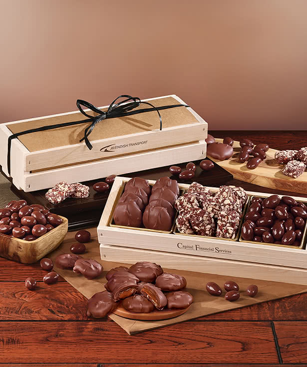 Laser Engraved Maple Ridge Farms Chocolate Favorites in Wooden Crate