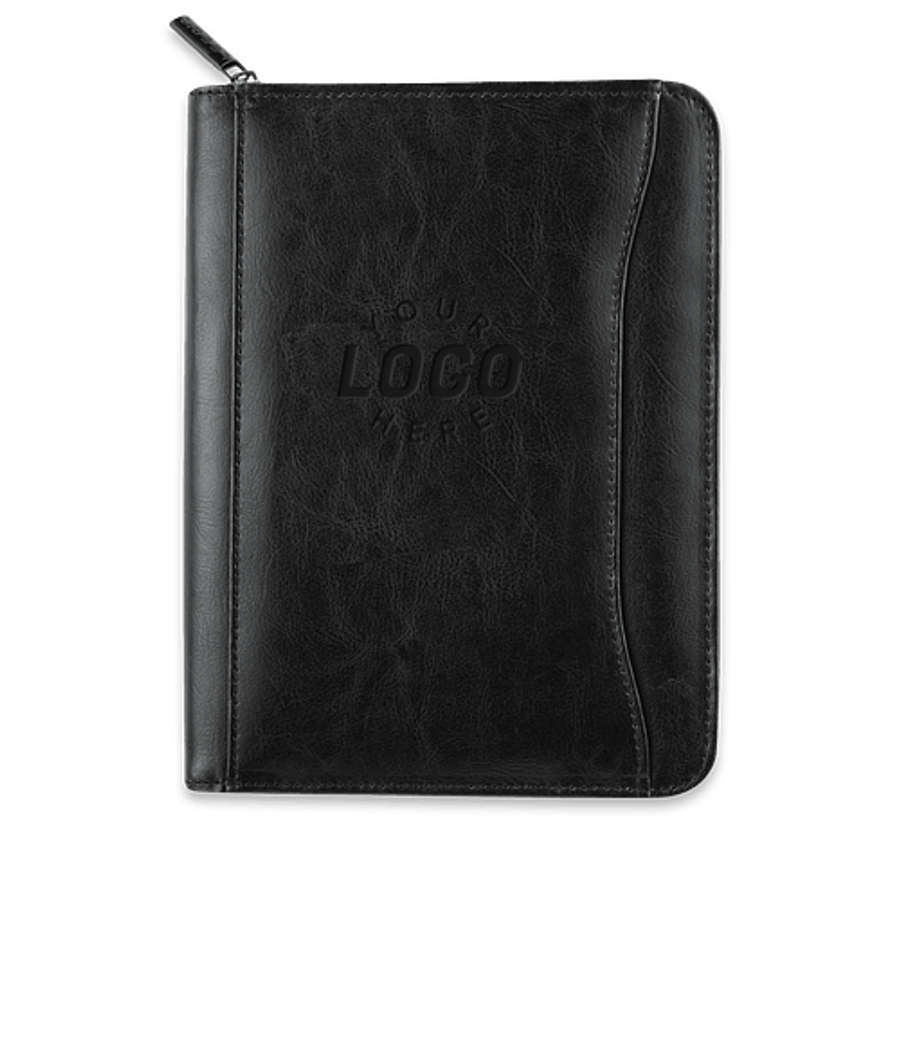 Debossed Renaissance Jr. Leather Zippered Padfolio in Black
