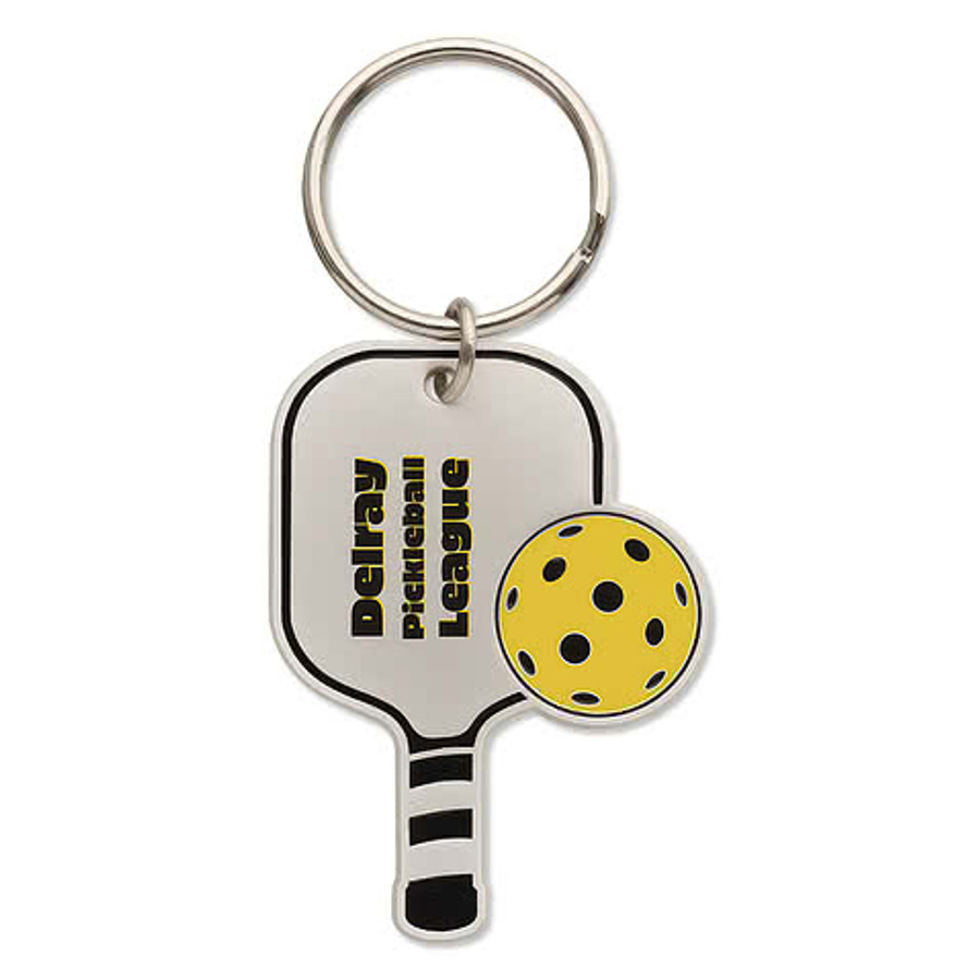 Pickleball Paddle and Ball Keychain in Silver with Yellow Accent