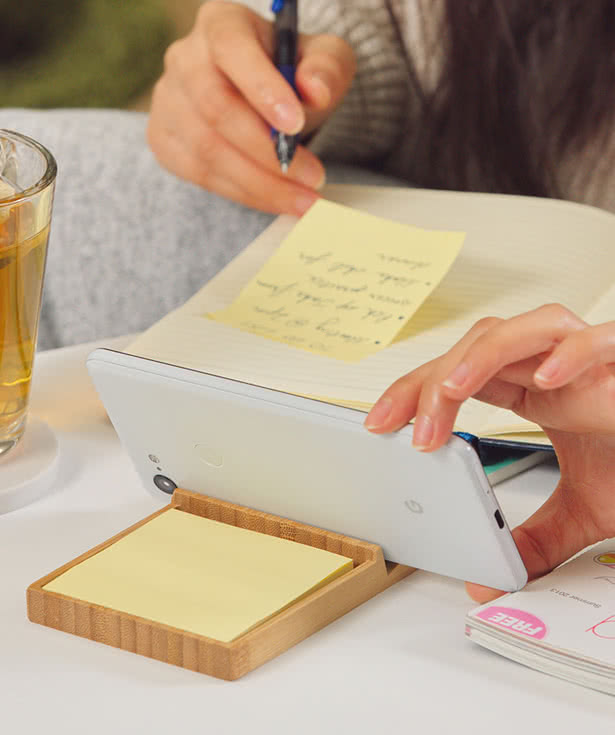 Bamboo Sticky Note Dispenser with Phone Holder