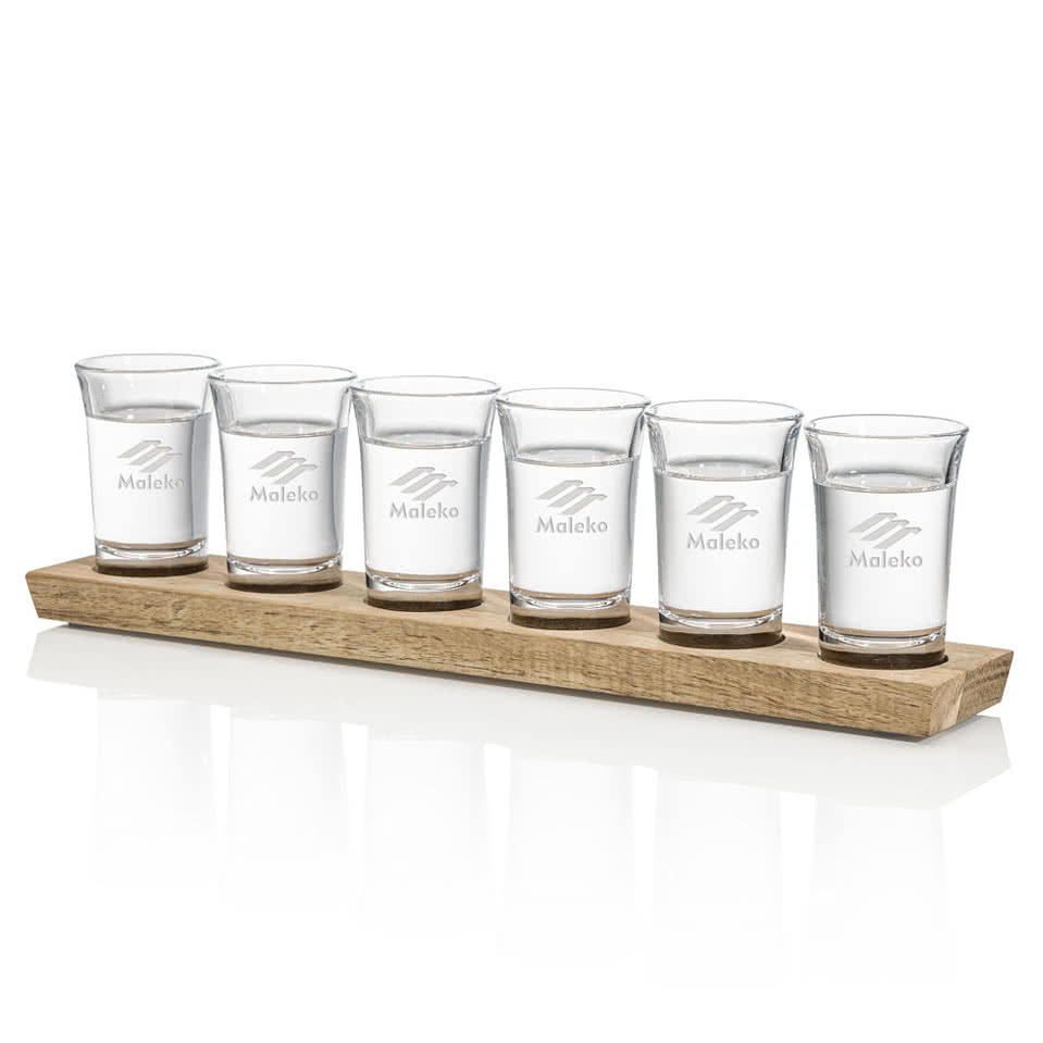 Laser Etched Shot Glass Set with Acacia Wood Holder (Set of 6)