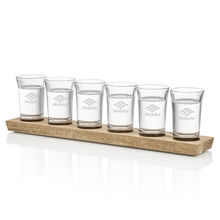 Laser Etched Shot Glass Set with Acacia Wood Holder (Set of 6) in Clear