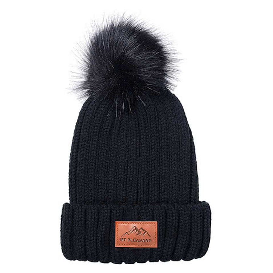 Leeman Knit Rectangle Patch Pom Pom Beanie - Debossed