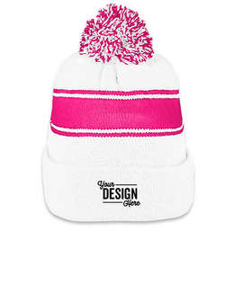 Sport-Tek Striped Pom Pom Beanie - Color: White / Pink Raspberry