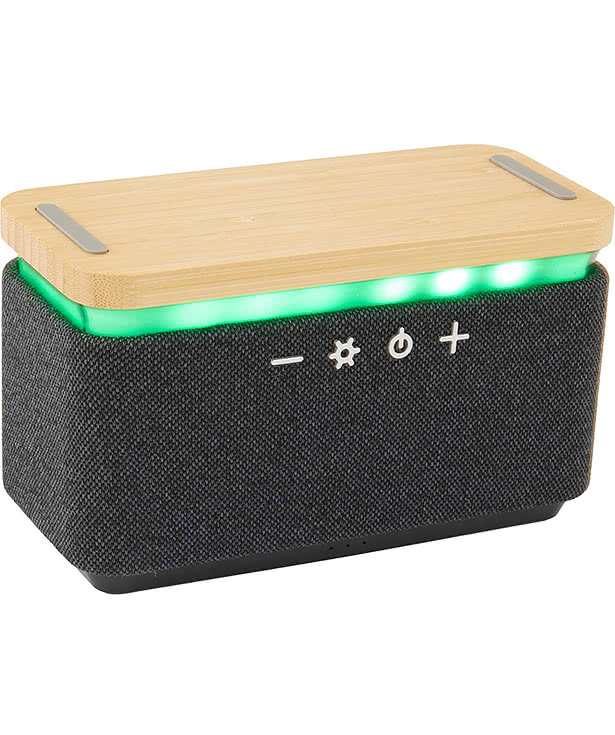 Laser Engraved Boost Fabric and Bamboo Speaker with Wireless Charging Pad