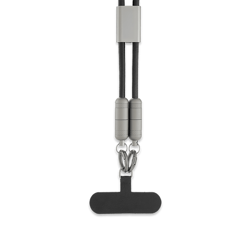 60W Charging Cable Lanyard with Phone Tether in BLACK WITH GUN METAL