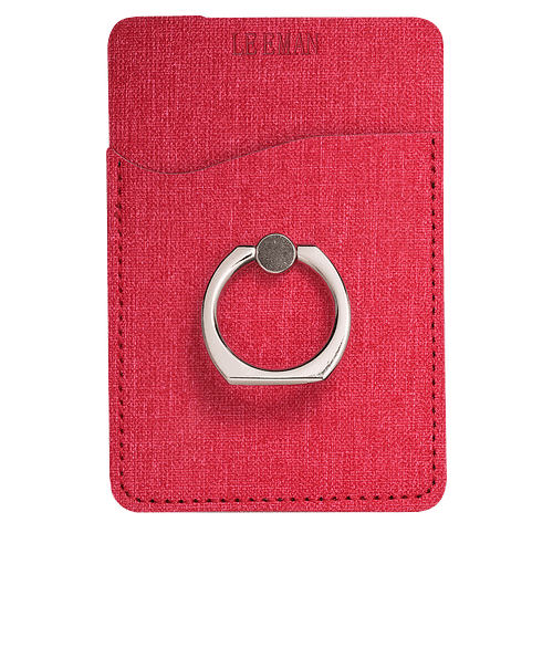 Debossed Leeman RFID Phone Pocket with Metal Ring Stand in RED