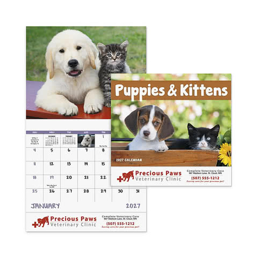 Puppies & Kittens Stapled Monthly Calendar in White