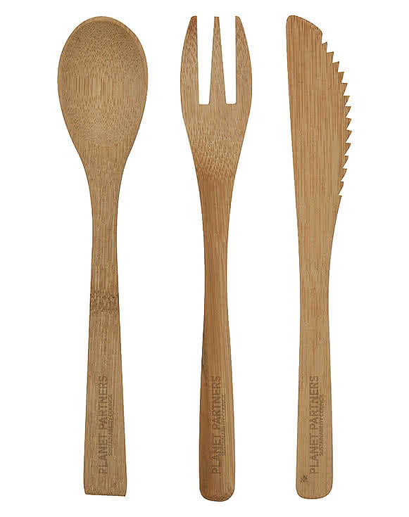 3 Piece Bamboo Utensil Set In Travel Pouch