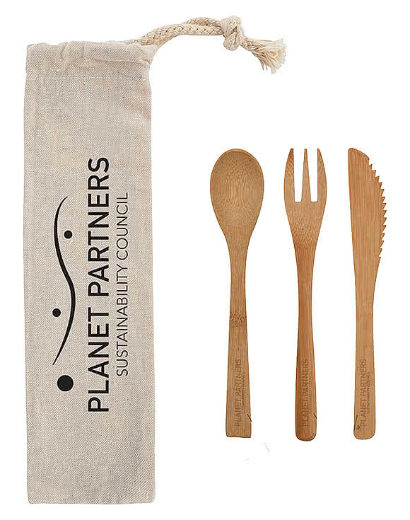 3 Piece Bamboo Utensil Set In Travel Pouch