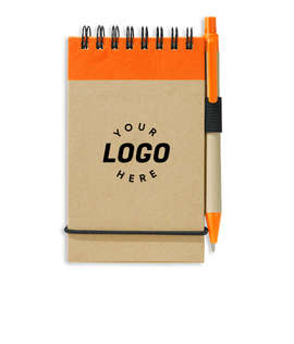 Recycled Mini Flip Spiral Jotter with Pen - Color: Natural w/ Orange Trim