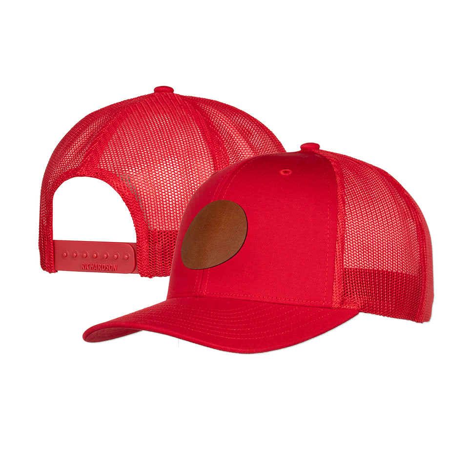 Richardson Snapback Trucker Hat - Circle Faux Leather Patch - Laser Engraved