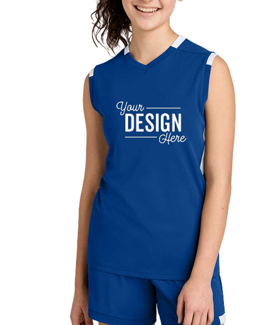 Sport-Tek Youth Club Recycled Sleeveless V-Neck Performance Jersey in True Royal / White