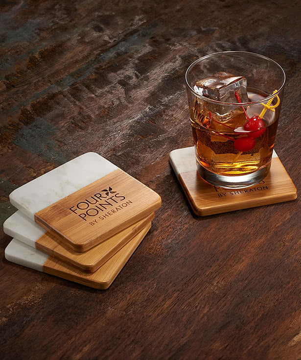 Laser Engraved Marble and Bamboo Coasters (Set of 4)