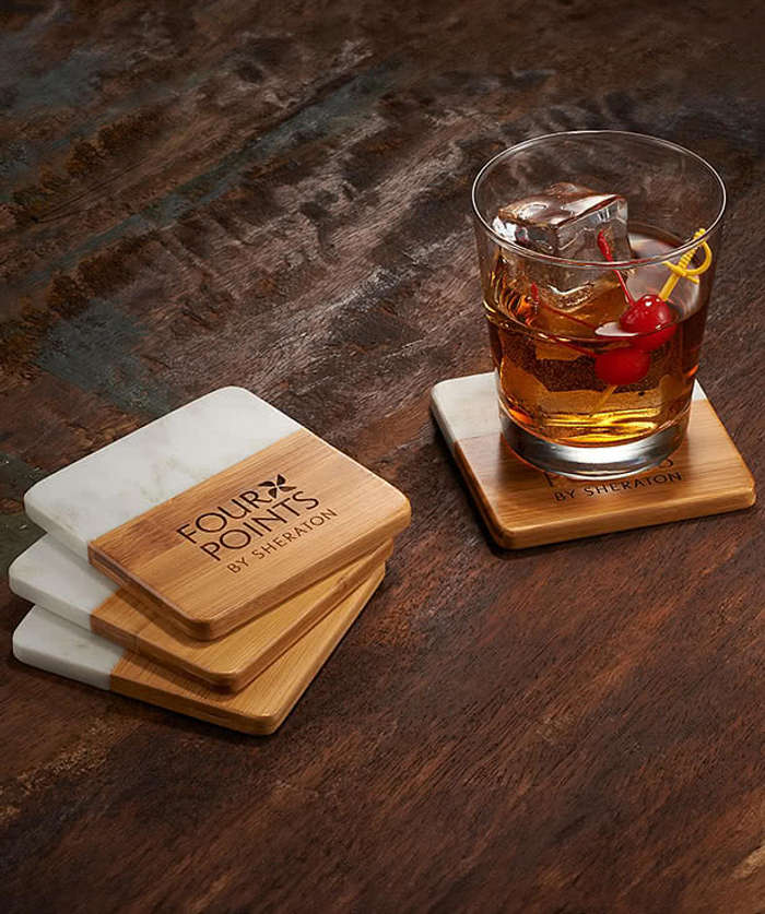 Laser Engraved Marble and Bamboo Coasters (Set of 4)