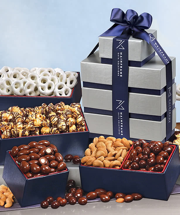 Maple Ridge Farms Silver & Navy Tower of Treats Gift Set