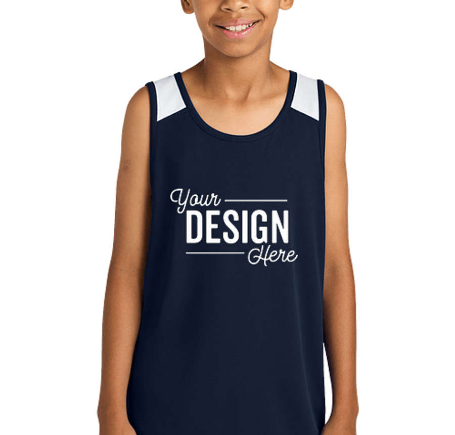 Sport-Tek Youth Club Recycled Performance Basketball Jersey in True Navy / White