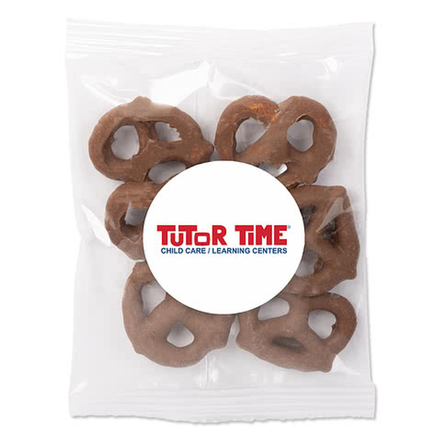 Full Color Chocolate Covered Mini Pretzels Promo Pack Bag in White