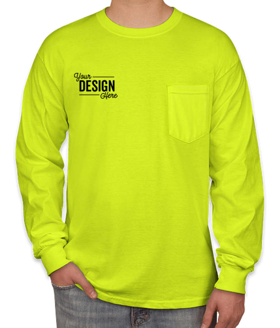 Gildan Ultra Cotton Long Sleeve Pocket T-shirt in Safety Green