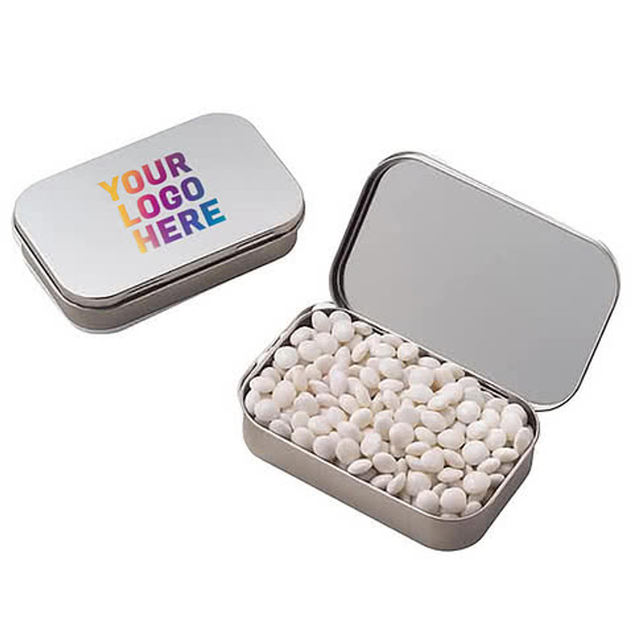 Full Color White Mints Large Hinged Tin in Silver