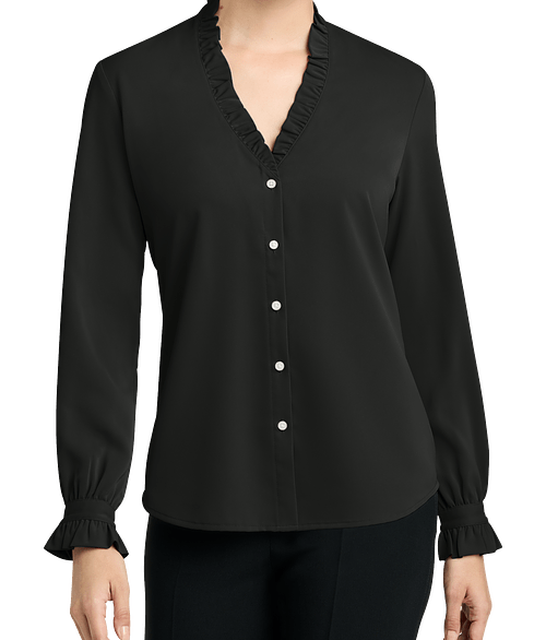 Brooks Brothers Women’s Long Sleeve Ruffle Collar Satin Blouse in Deep Black
