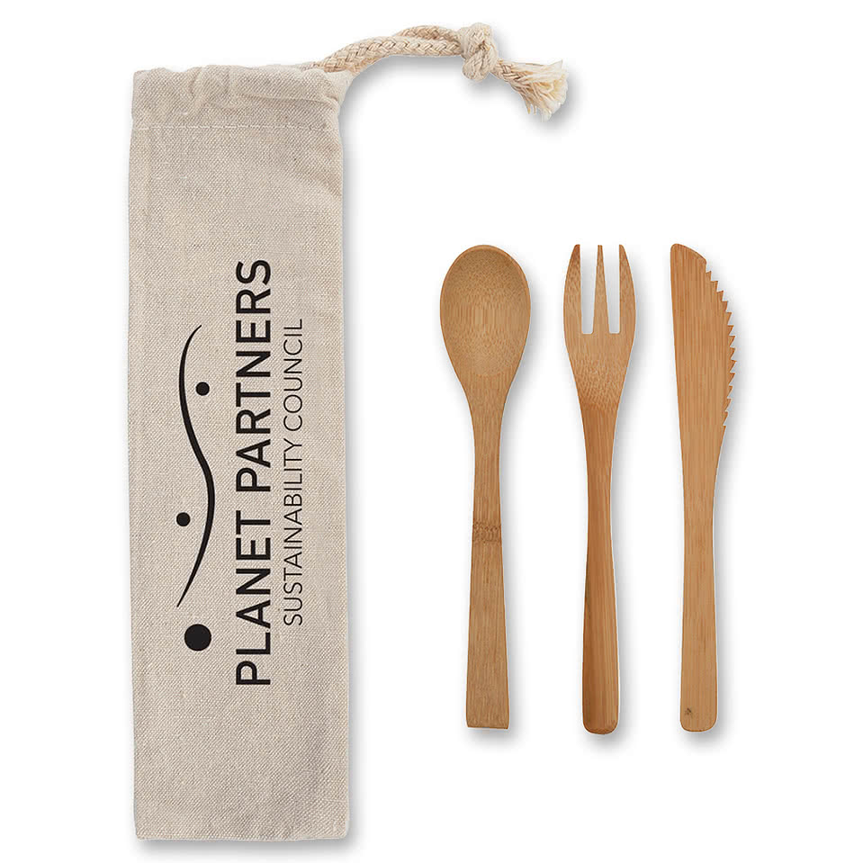 3 Piece Bamboo Utensil Set In Travel Pouch