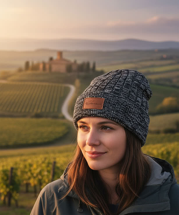 Heathered Knit Cuffed Rectangle Patch Beanie - Debossed
