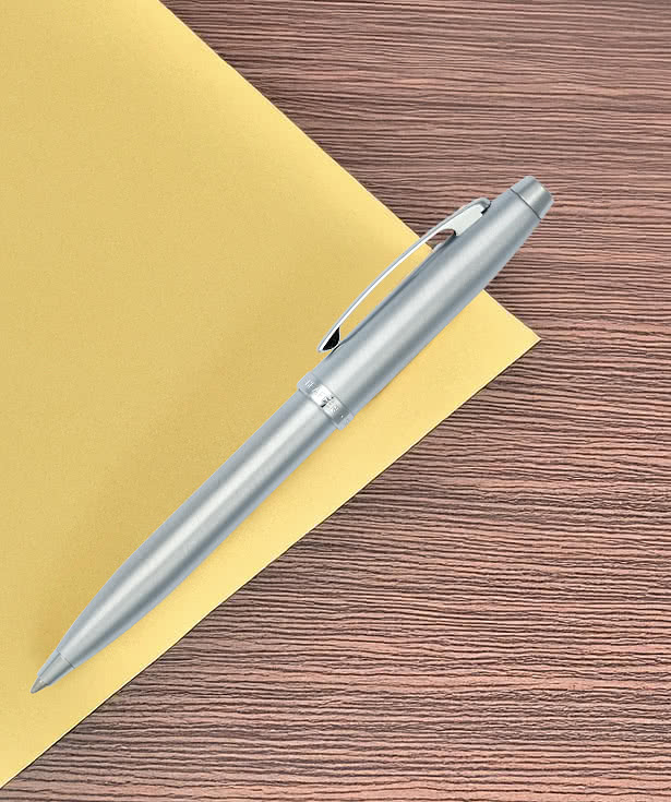 Laser Engraved Sheaffer 100 Brushed Chrome Ballpoint Pen (black ink)