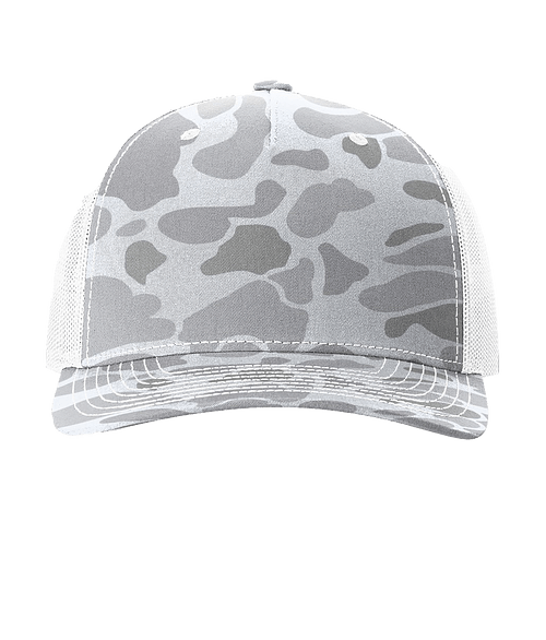 Richardson Camo Pattern Five Panel Trucker Hat in Blizzard Duck Camo / White