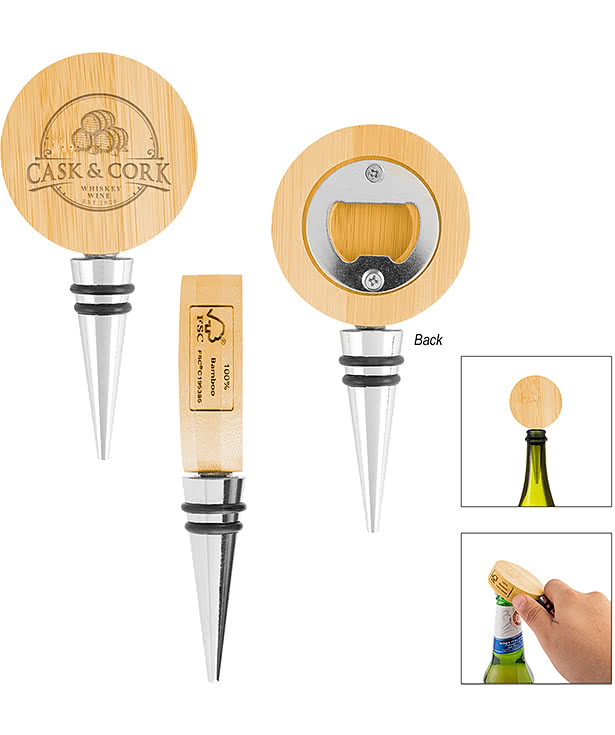 Laser Engraved Bamboo Wine Stopper with Bottle Opener
