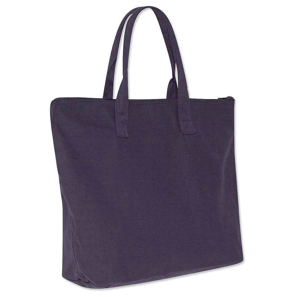 Embroidered Large Wide 100% Cotton Canvas Zippered Tote Bag