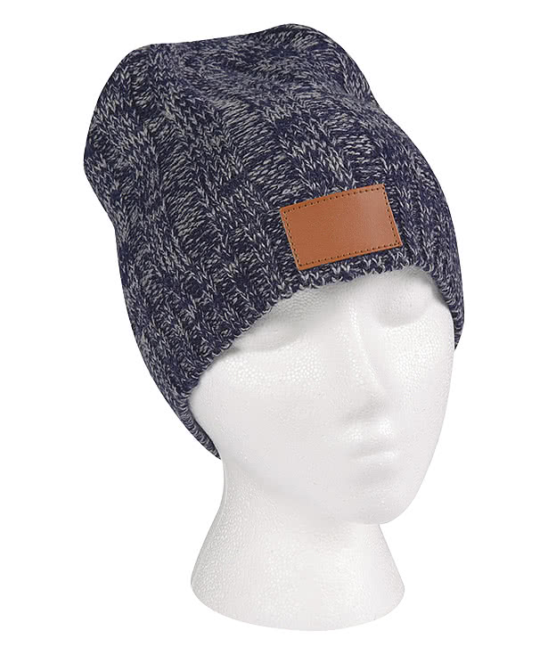 Debossed Knit Beanie with Leather Patch