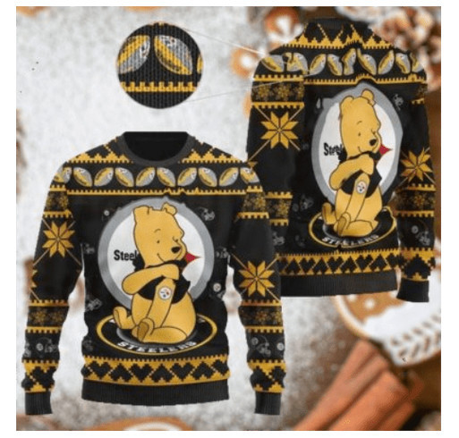 Pittsburgh Steelers NFL American Football Team Logo Cute Winnie The Pooh Bear 3D Ugly Christmas Swea shirt design - zoomed