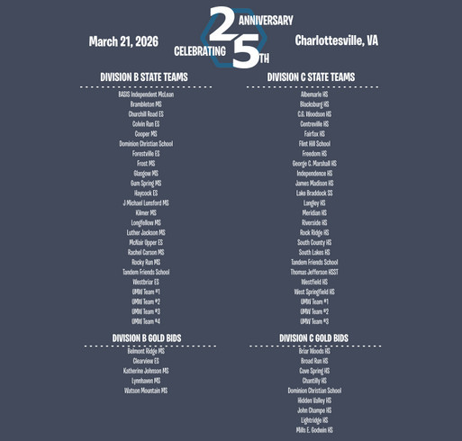 Virginia Science Olympiad Commemorative 25th Anniversary and 2026 State Tournament T-Shirts shirt design - zoomed