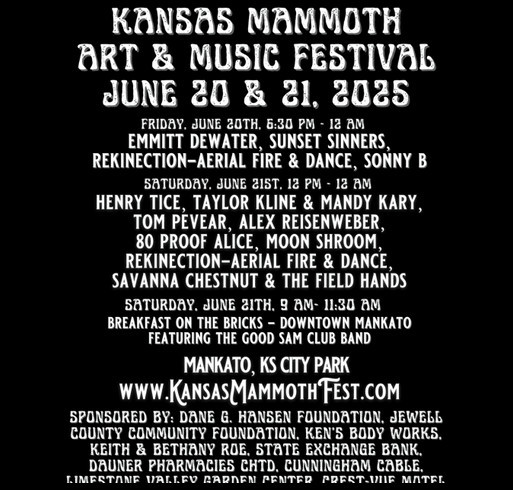 Kansas Mammoth Art & Music Fest 2025 shirt design - zoomed