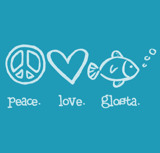 Peace. Love. Glosta. Tie-Dyed T-shirts in purple or aqua shirt design - zoomed