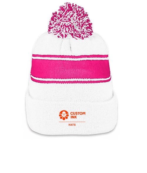 Sport-Tek Striped Pom Pom Beanie - White / Pink Raspberry